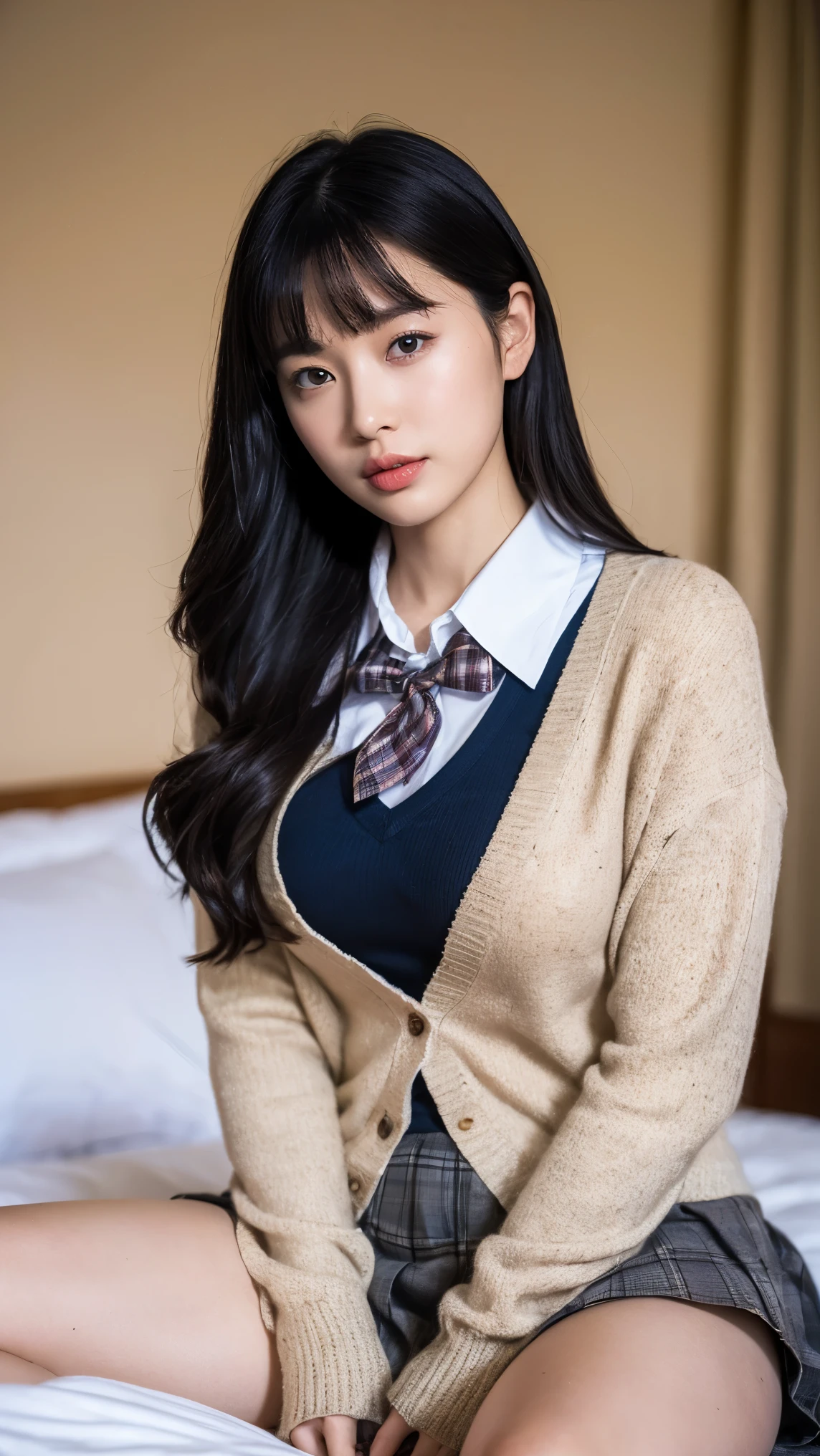 (Realistic, photo-Realistic:1.4),(Highest quality,masterpiece),RAW Photos, High resolution, Intricate details, In detail, Cinema Lighting, (whole body, Front view:1.5), A 16-year-old Japanese girl is standing, Leaning against the wall outside the classroom, Makes your face smaller, thin, slim, thin, thin legs, (cardigan, skirt, Wearing the Tokiwadai School uniform:1.4), Black Hair,