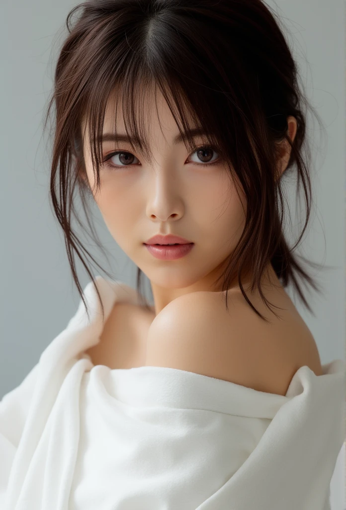 a  artistic photo of a cute slender asian woman , messy hair, after sex , she is covered wit a white blanket.