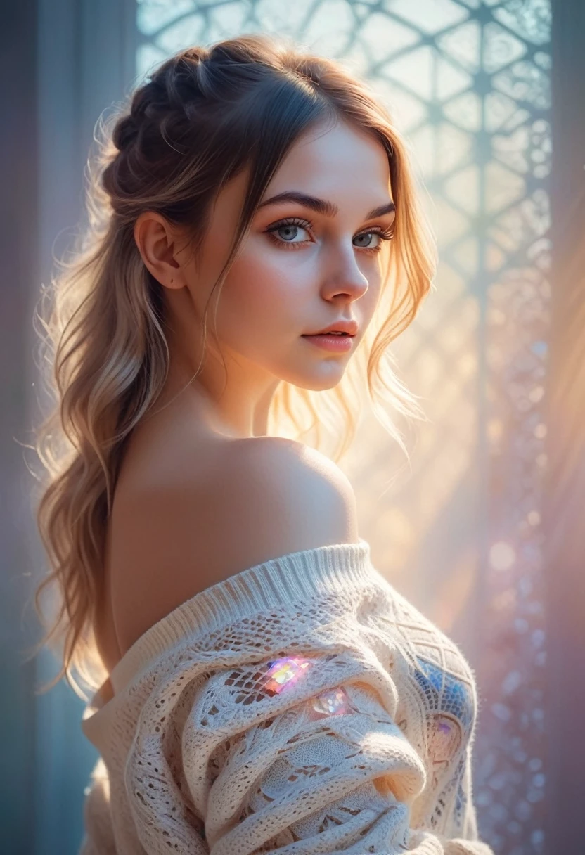  1 girl,Mysterious Girl , Exotic Girl Wearing an Off-the-Shoulder White Sweater, Faded Backlit Backlit Background , pastel colors,Enchanting Goddess,Amazing depth,Double Exposure, surreal,Geometric patterns,Detailed,Bokeh, perfect balance,Deep fine border,Realistic art,smooth,Sad look, face the front 