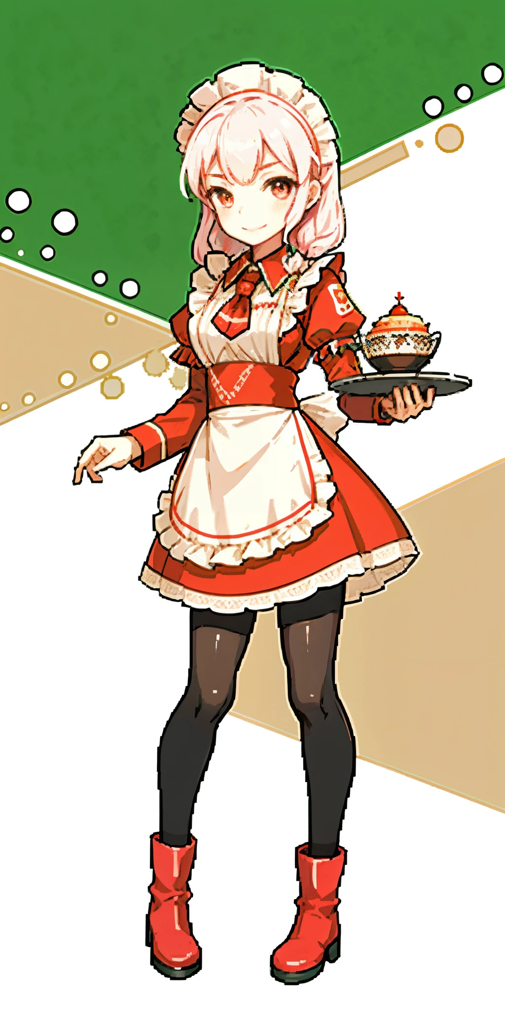 full body standing straight symmetrical, lustful smirking smile face red blush red cheeks, looking at viewer, holding tray, braid, maid headdress, maid, dress, apron, long sleeves, brown pantyhose, long leather militar boots, thighs, long white hair, masterpiece