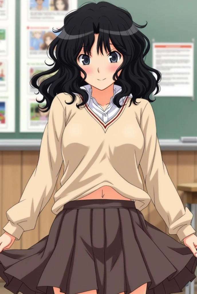 Kaoru Tanamachi(1:2),  super detailed face,  pay attention to the details with the hem of the clothes,  anatomically correct body ( beige knitwear style uniform:1.3), (Dark Brown Skirt:1.1), Provoke by showing your stomach(1:3), Lift the hem of the uniform (1:6), classroom, NSFW