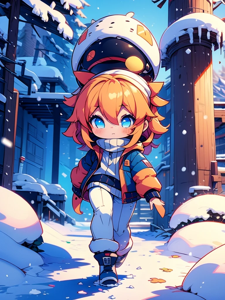 (1girl), walking down a snowy path during the winter season, chibi, heavy jacket, looking at camera, (random poses)