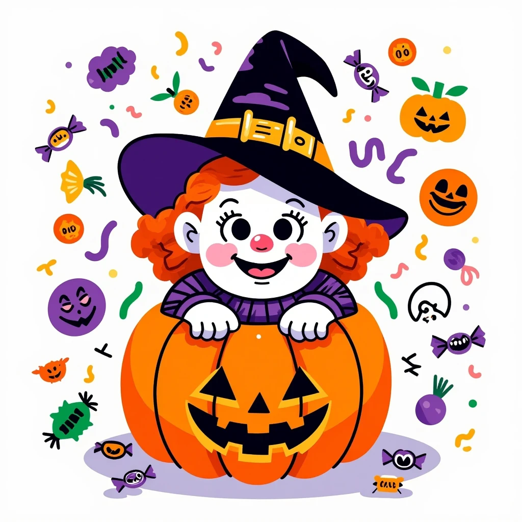  art illustration，Flat style，Hand-drawn style，Bold thick lines， solid block of dopamine ，Halloween， Q cute clowns and girls， roses ，Jack-o&#39;-lantern，Zombies，A combination of mummies and other ，Avatar element sticker ，Graffiti Art，Mixed pattern ， text and emojis ，Vector Design， simple graphic illustration ，Minimalism，White Space