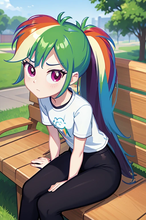 masterpiece, 1girl_teenager_full_body_standing_facing_viewer_with_long_rainbow_hair ponytail_purple_eyes_c_cup_tight blue_shirt_black_pants_sitting_on_bench