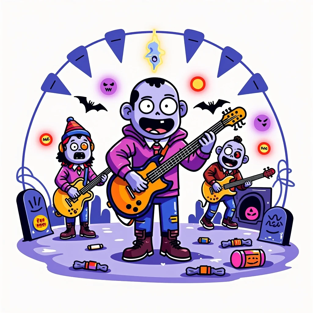  art illustration, Flat style, Hand-drawn style, Bold thick lines,  solid block of dopamine , Halloween主题鬼屋，Halloween， on a stage set up like a graveyard ， A band of zombies is playing passionately 。 The lead singer is a zombie in a rock style costume， his voice is hoarse but powerful 。The background is a row of tombstones ， The stage flashes with all kinds of strange lighting effects ， creates a scary and cool atmosphere ， with mysterious purple lights ， illusions and strange sounds ，Spooky，The scene combines fun 、 and a whimsical character design with ，怪异的Halloween主题融为一体, Avatar art, Graffiti Art, Mixed pattern ,  text and emojis , Vector Design,  simple graphic illustration , Minimalism,  white background, White Space