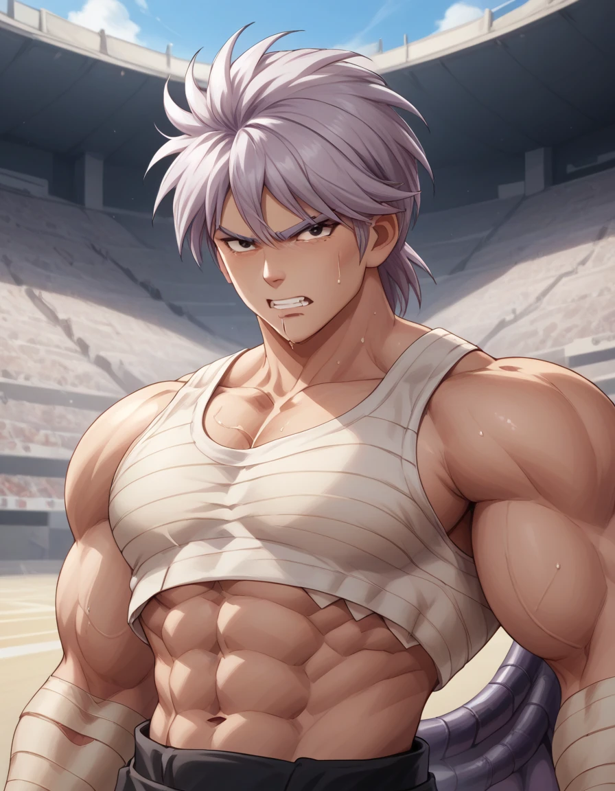 Hyunckel,bandage,Silver Hair, huge muscles,18-year-old boy,((Huge penis)),(( clenched around their wings by black tentacles , tentacles jumping into the chest from all sides )), open their arms wide and clench their fists,Open your mouth wide, large number of protruding blood vessels ,((Gives off an evil aura)),Full body images, painful expression,Black undershirt,,Lots of sweat, tears, and drooling, in the middle of the Colosseum ,Toned Muscles,rape,Demon Body,score_9,score_8_up,score_7_up,source_anime,HD, 1boy,Alone,Hyunckel,lavender hair, black eyes, looking at viewer, light rays, upper body,posing, bandages, bandages covered body,nsfw,Orgy