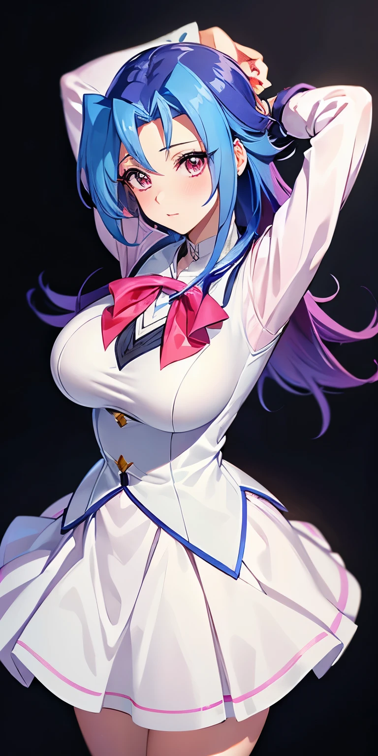 1 Female,High definition,high resolution,Ultra-realistic,8K, kr1, multicolored hair, dyed bangs, long sleeves, , bow, pink dress, white vest, white skirt, large breasts,European,sexy,Upper body close-up,Photographed from the front,Dynamic Angles,(blush), (medium tits) ,(arms behind head)