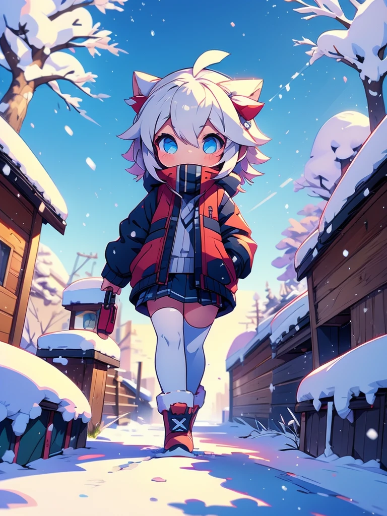 (1girl), walking down a snowy path during the winter season, chibi, heavy jacket, camera looking to the side of her, (random poses)