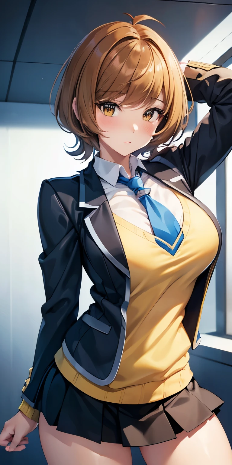 1 Female,High definition,high resolution,Ultra-realistic,8K, hmza, short hair, antenna hair, brown eyes, school uniform,( blue necktie), (yellow shirt),(black jacket), long sleeves, black skirt,tight skirt , ((miniskirt)), large breasts,European,sexy,Upper body close-up,Photographed from the front,Dynamic Angles,(blush), (medium tits) ,(arms behind head)