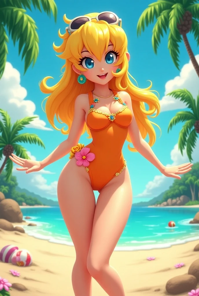 stunning beauty girl standing on the beach, the soft sand beneath her feet, the sparkling waves gently lapping at her ankles. Her long golden hair dances in the breeze, radiant face with a natural glow, The sun sets behind her, casting a warm orange hue across the sky and highlighting her flawless complexion. Her eyes twinkle with joy as she takes in the breathtaking view, radiating an effortless beauty