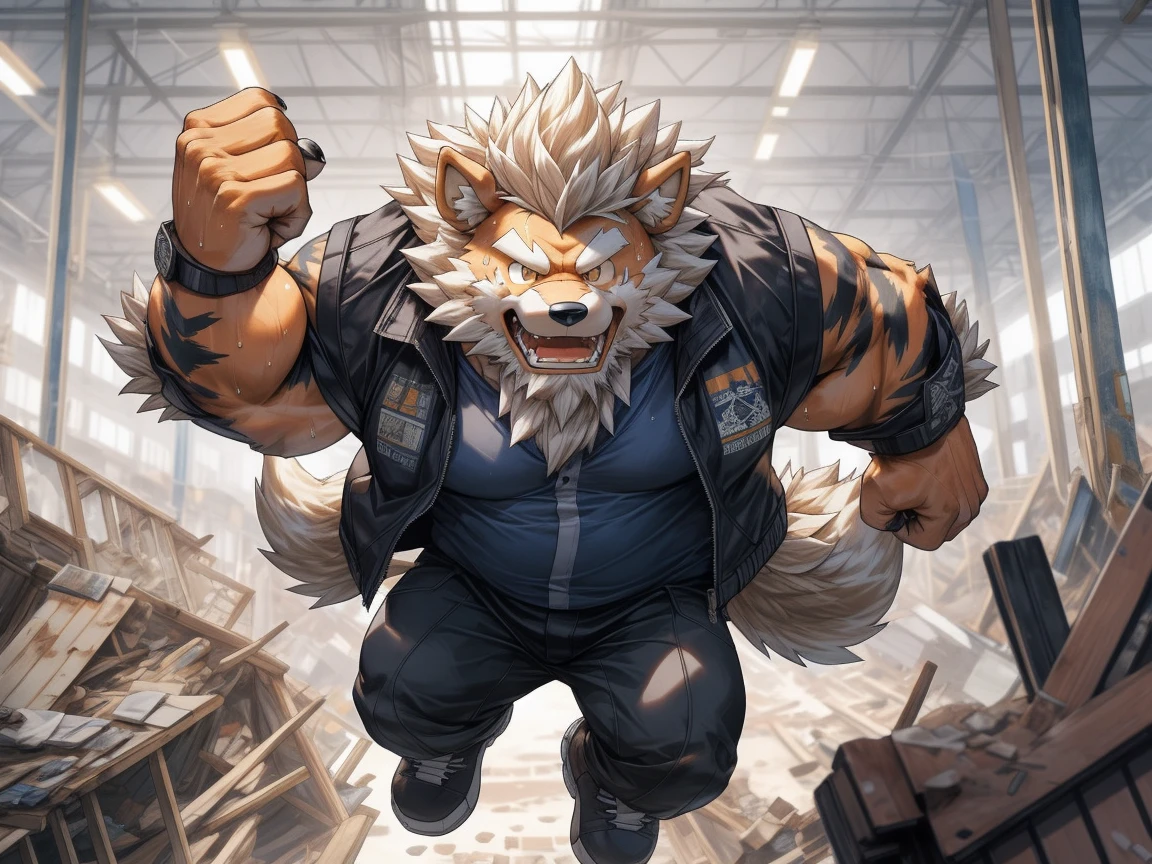 hairy, arcanine, male, beard, full body picture, sweat, in factory production line, dynamic poses, detailed background, Very detailed, lifelike, determination expression, jacket armor, (kick:1.3), from above , masterpiece, solo , ruin
