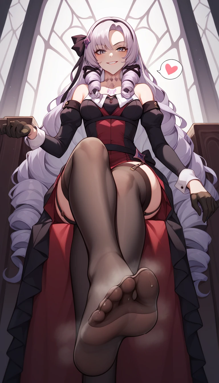 salome, hair ribbon, hairband, chest tattoo, very long hair, bare shoulders, gloves, black gloves, dress, long sleeves, garter straps, thighhighs, {{{black thighhighs}}}, Sitting at the throne, Low Angle, Foot Focus, Perfect feet, Anatomically correct, kind smile, spoken heart, {{{vulgarity}}}, breath, heavy breathing, breathless, foot sweat, foot perspired, foot humid, looking down at viewer,