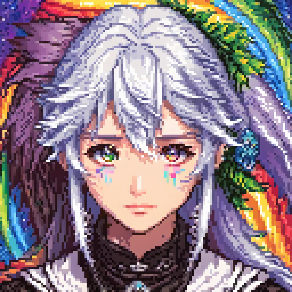 A detailed androgenous anime face done in final fantasy style, sad rainbow eyes and white hair, done in high resolution pixel art