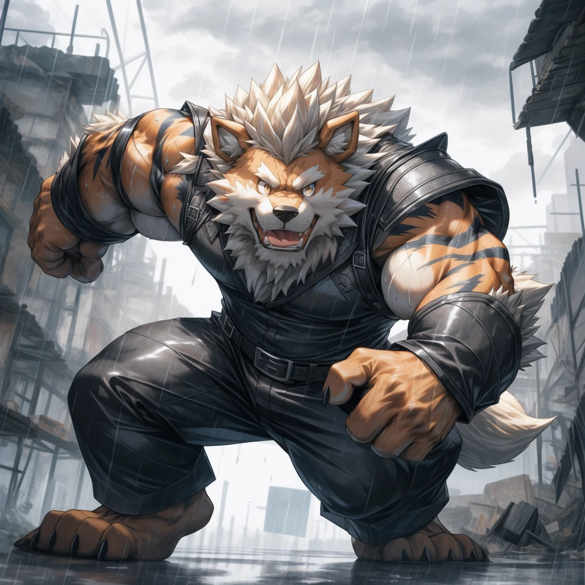 hairy, arcanine, male, black beard, full body picture, sweat, factory production line, dynamic poses, detailed background, Very detailed, lifelike, heavy raining, overcast weather, determination expression, leather armor, (kick:1.3), from below, masterpiece, solo, ruin 