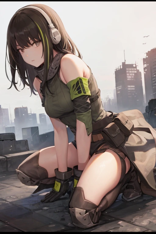 Girl Tdoll M4A1, cascos negros,ojos color rojo.((City destroyed in background)