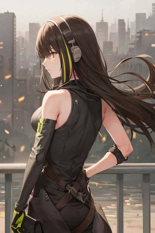 Girl Tdoll M4A1, cascos negros,ojos color rojo.((City destroyed in background)