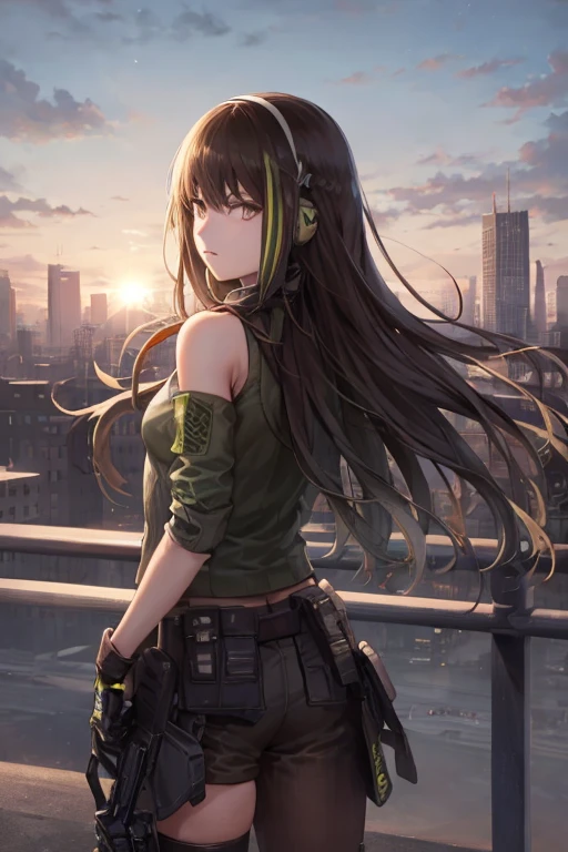 Girl Tdoll M4A1, cascos negros,ojos color rojo.((City destroyed in background)