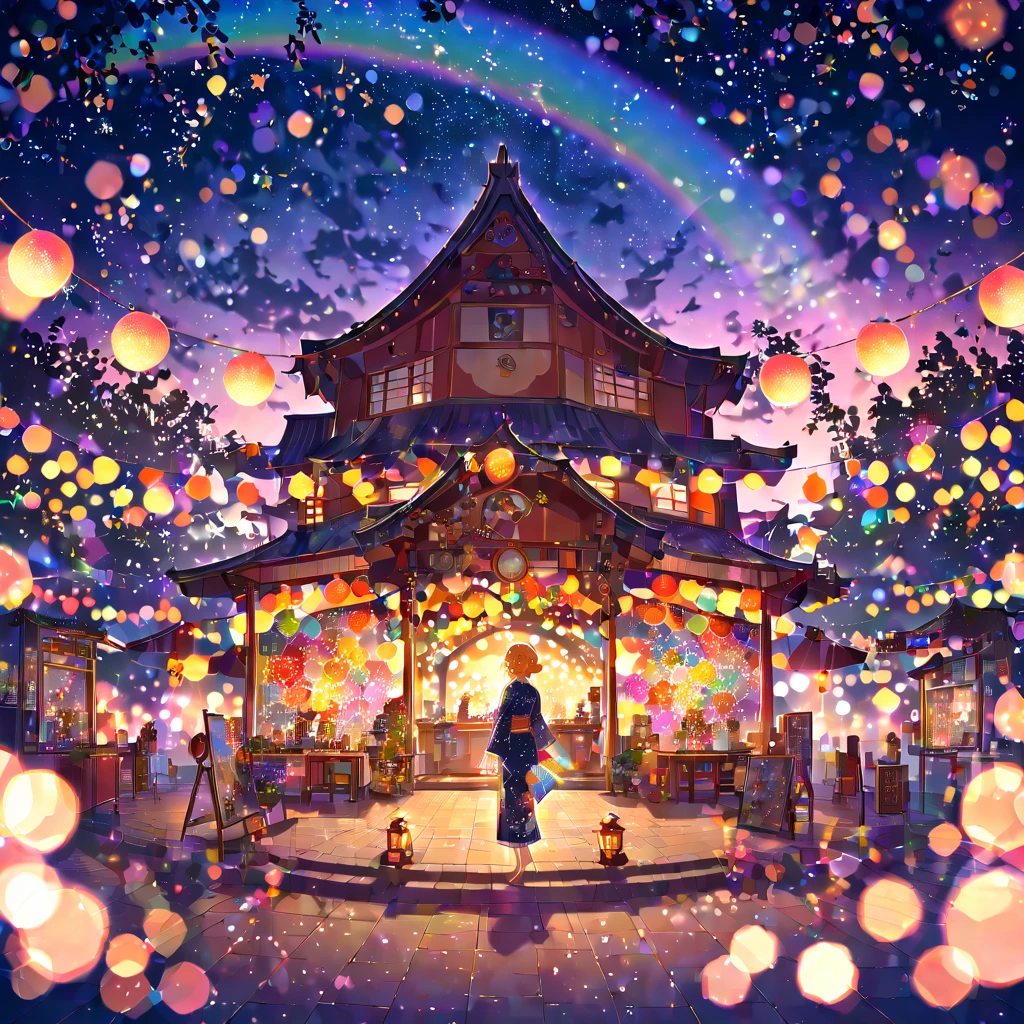 Colorful lantern festival background, lace and velvet yukata, beautiful face, beautiful legs, bright orange eyes, very happy face, whole body, colorful colors, detailed background is beautiful, night atmosphere, anime style digital illustration , isometric, delicate and animated character expression, smiling, looking into the camera, whimsical lighting, enchanting atmosphere, soft texture, imaginative artwork, fantastic glow, silent luminescence, whispering silent, rainbow colored Encounter, (glitter of pixie dust), vivid background, (((rule of thirds) ))), high quality, high definition, high resolution, (bokeh: 2), backlight, long exposure: 2