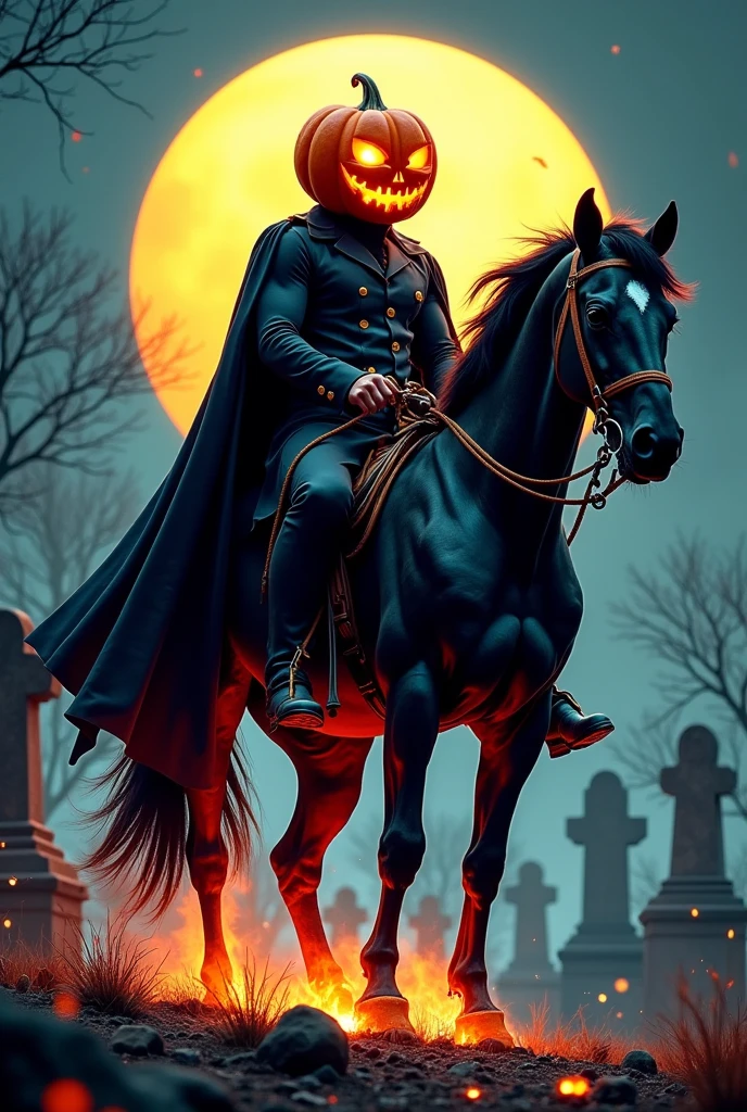 photoillustrasion of a muscle man with the head of jack O'lantern riding a muscle black stallion, high collar black trench and flowing long cloak, psychedelic neon color, the whip in the man's hand, blazing fire trail behind, darkmoon background and desolate cemetery with angle statues, the stallion standing on his rear feet, highly detailed 