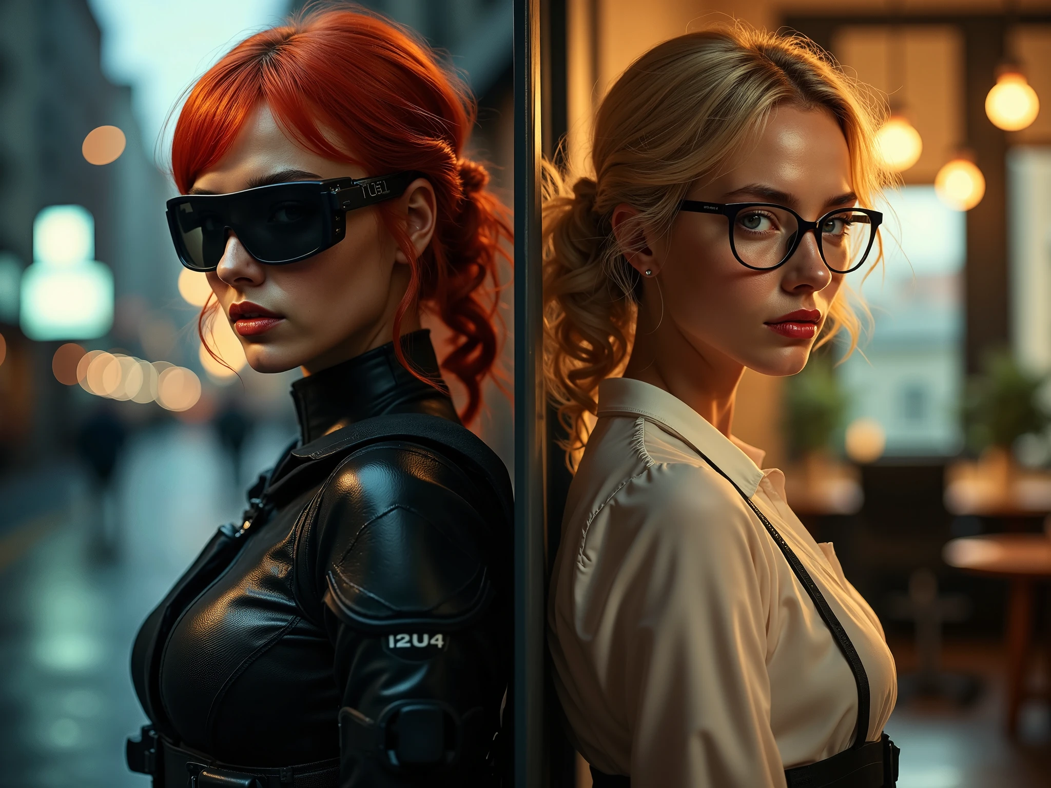 an ultra-detailed 16K resolution image of a beautiful female spy with dual personas, split down the center. On the left, she is a deadly spy with intense, fierce eyes behind military-grade, high-tech glasses, fiery red hair, and bold red lips. She’s dressed in a sleek black tactical suit with a shadowed, neon-lit cityscape as her backdrop. On the right, she appears as a timid blonde secretary with soft, natural lips, downcast eyes behind classic secretary glasses, and gentle curls. She wears a modest blouse and pencil skirt, set against a warmly lit office scene. The contrasting outfits, glasses, and backgrounds highlight her dual life, capturing every lifelike detail.