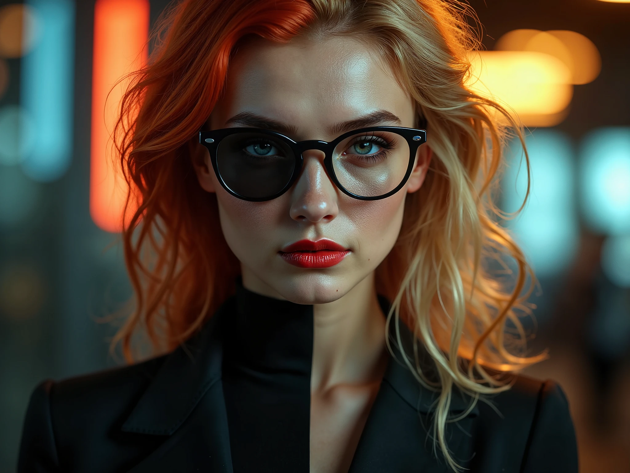 an ultra-detailed 16K resolution image of a beautiful female spy with dual personas, split down the center. On the left, she is a deadly spy with intense, fierce eyes behind military-grade, high-tech glasses, fiery red hair, and bold red lips. She’s dressed in a sleek black tactical suit with a shadowed, neon-lit cityscape as her backdrop. On the right, she appears as a timid blonde secretary with soft, natural lips, downcast eyes behind classic secretary glasses, and gentle curls. She wears a modest blouse and pencil skirt, set against a warmly lit office scene. The contrasting outfits, glasses, and backgrounds highlight her dual life, capturing every lifelike detail.