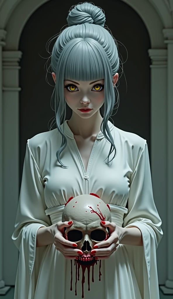 A set of decaying-faced dried corpses, exposing white bones, scary looking wearing a tattered white yukata, 8k, masterpiece