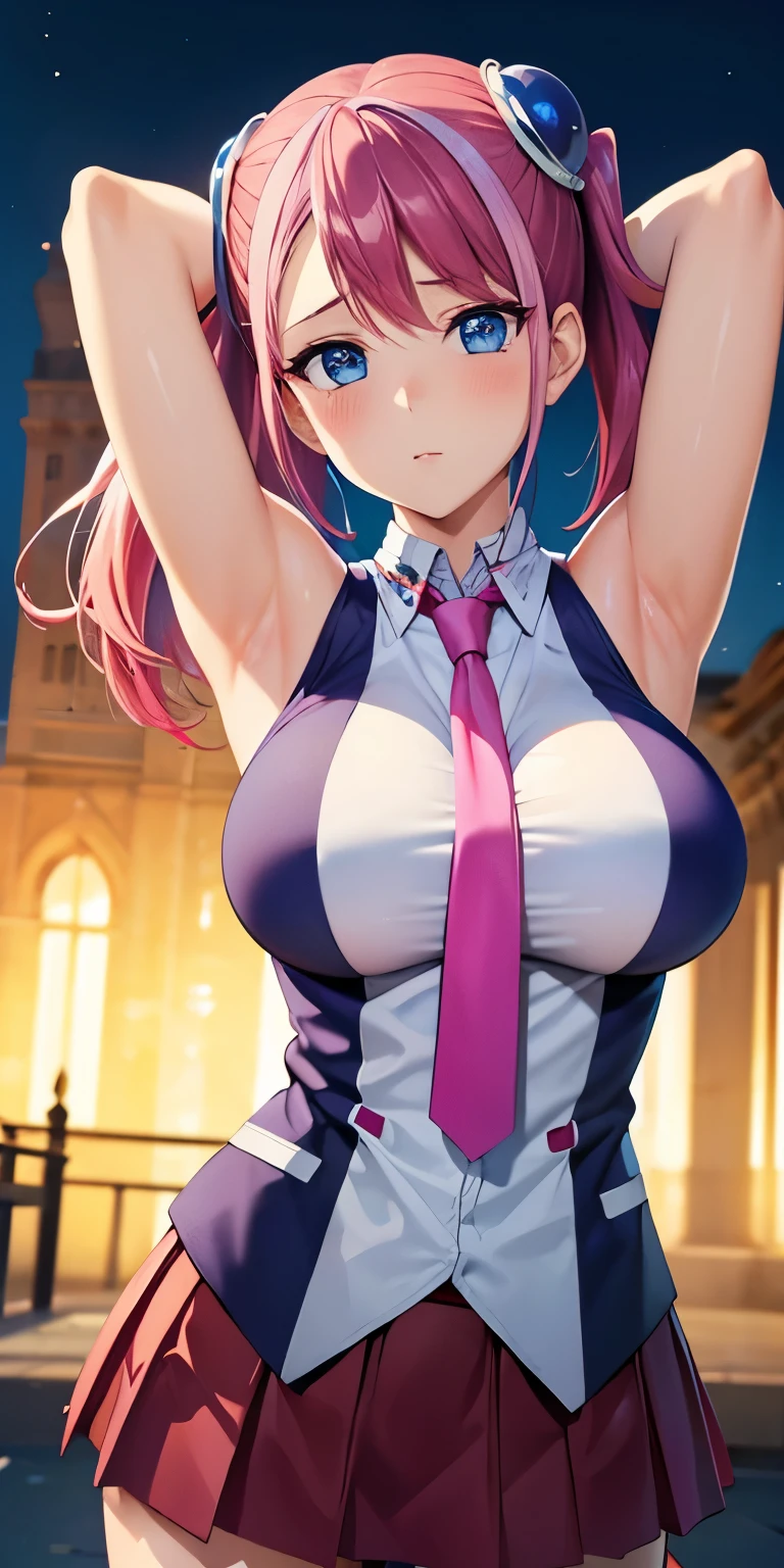 1 Female,High definition,high resolution,Ultra-realistic,8K, hy1, hair ornament, multicolored hair, blue eyes,necktie,pink skirt,tight skirt, ((miniskirt)) ,sleeveless, jewelry, large breasts,European,sexy,Upper body close-up,Photographed from the front,Dynamic Angles,(blush), (medium tits) ,(arms behind head)