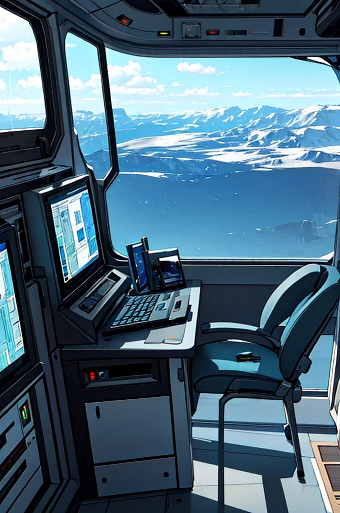 Spaceship exterior. From the window you can see the alien landscape, Work consoles with electronic devices and screens are lined throughout the space., Full HD