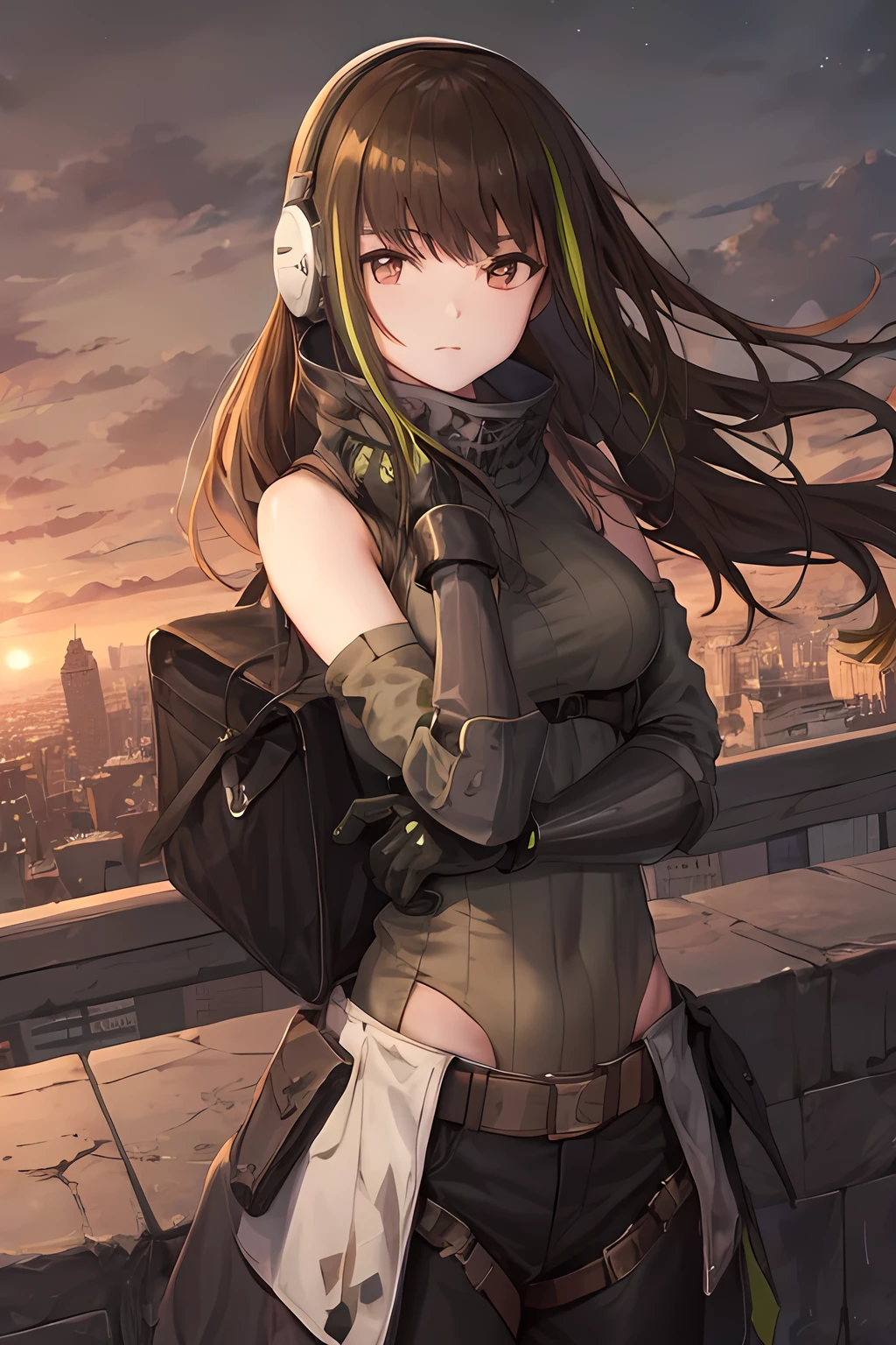 Girl Tdoll M4A1, cascos negros,ojos color rojo.((City destroyed in background)