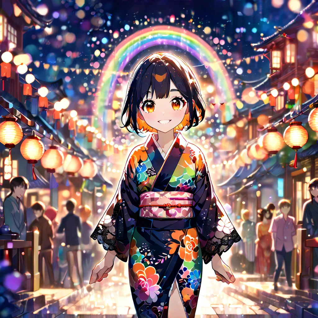 Colorful lantern festival background, lace and velvet yukata, beautiful face, beautiful legs, bright orange eyes, very happy face, whole body, colorful colors, detailed background is beautiful, night atmosphere, anime style digital illustration , isometric, delicate and animated character expression, smiling, looking into the camera, whimsical lighting, enchanting atmosphere, soft texture, imaginative artwork, fantastic glow, silent luminescence, whispering silent, rainbow colored Encounter, (glitter of pixie dust), vivid background, (((rule of thirds) ))), high quality, high definition, high resolution, (bokeh: 2), backlight, long exposure: 2