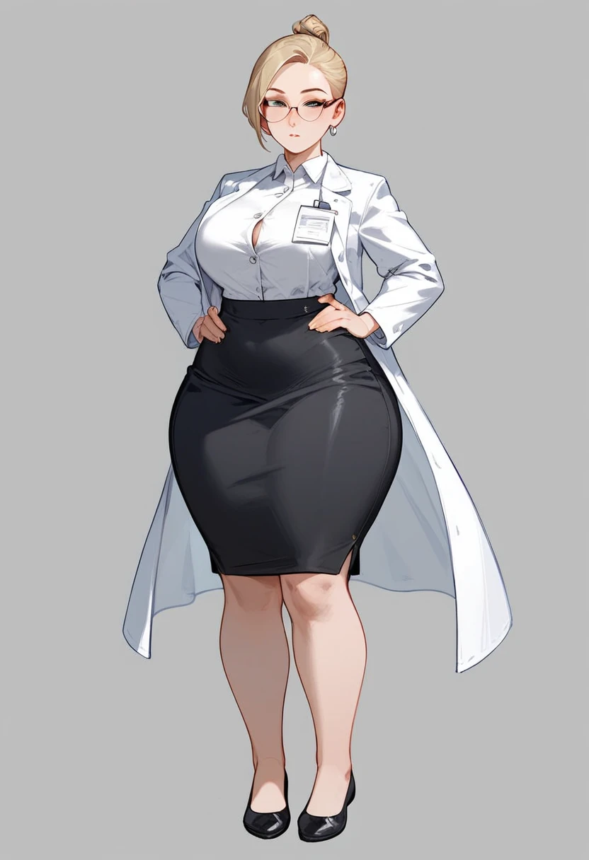 (score_9,score_8_up,score_7_up) 1lady, mature female, adult woman, very short hair, round face, pixie cut hairstyle, exposed forehead, blonde hair, big forehead, ponytail, wearing glasses, white button up shirt, white lab coat, tight long pencil skirt, very long skirt, long black pencil skirt, half lidded eyes, hand on hip, blank expression, pale, thick thighs, ballerina flats shoes, black footwear, wide hips, standing upright, full body shown, thick legs, massive thighs, older woman,voluptuous, hourglass bodyfigure, facing forward, detailed face, staring, long fingernails, natural nails