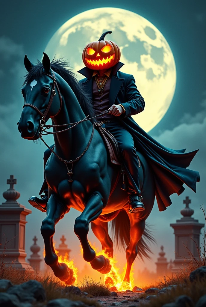 photoillustrasion of a muscle man with the head of jack O'lantern riding a muscle black stallion, high collar black trench and flowing long cloak, psychedelic neon color, the whip in the man's hand, darkmoon background and desolate cemetery with angle statues, the stallion standing on his rear feet,  burning body of the man and the stallion, highly detailed 