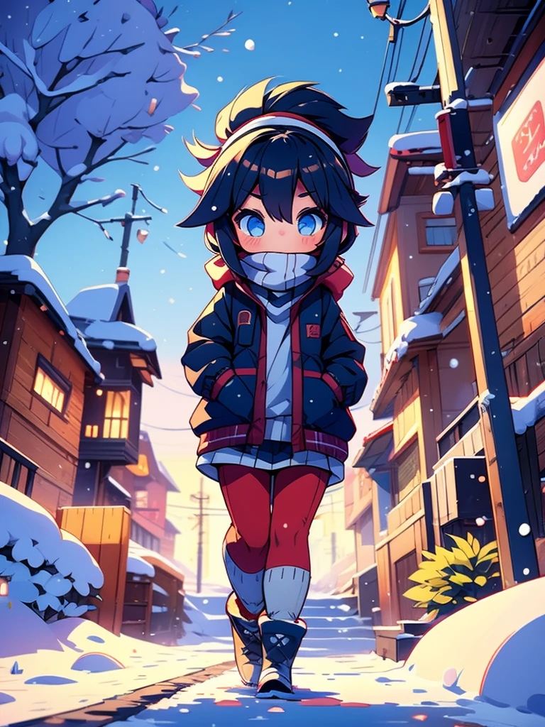 (1girl), walking down a snowy path during the winter season, chibi, heavy jacket, looking at camera, (random poses)