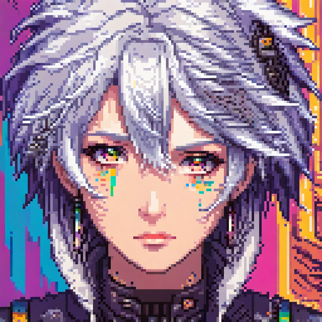 A detailed androgenous anime face done in cyberpunk final fantasy style, sad rainbow eyes and white hair, done in high resolution pixel art