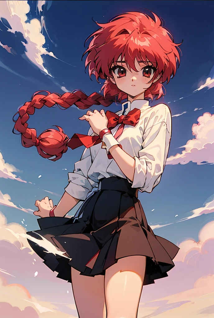  anime girl with a black skirt and a white shirt standing, short red blazer ,  a large white plush ribbon at chest height,  redheaded girl with messy hair in the front ,  eyes color red ,  long braided hair , Beautiful anime girl, anime aesthetic, ranma style 1 /2,  color style aya takano ,  anime of magical girls mahou shojo ,  artistic style of the anime of the 90s ,  magic girl style , estetica de magic Knight Rayearth, hikaru shidou,Ranma Chan,   anime image shuushuu , 90s anime style, 90s anime style