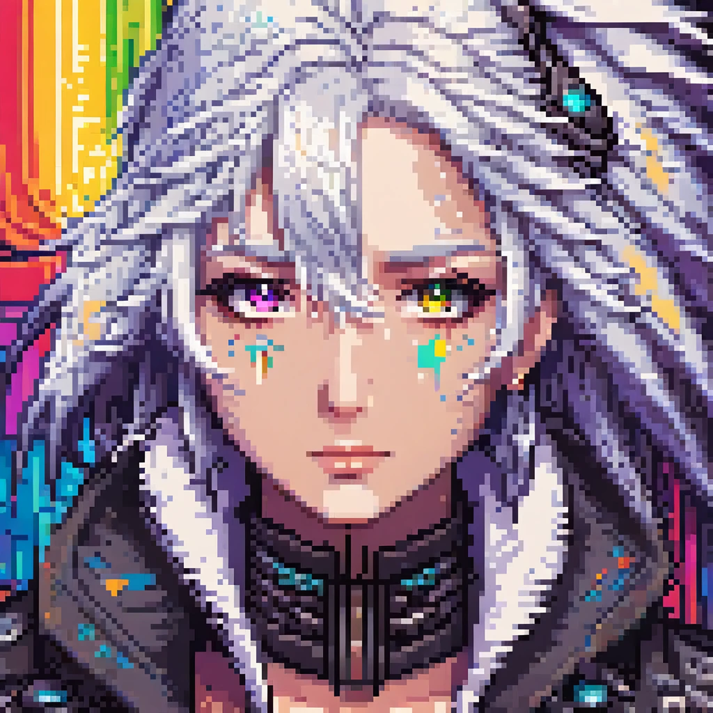 A detailed androgenous anime face done in cyberpunk final fantasy style, sad rainbow eyes and white hair, done in high resolution pixel art