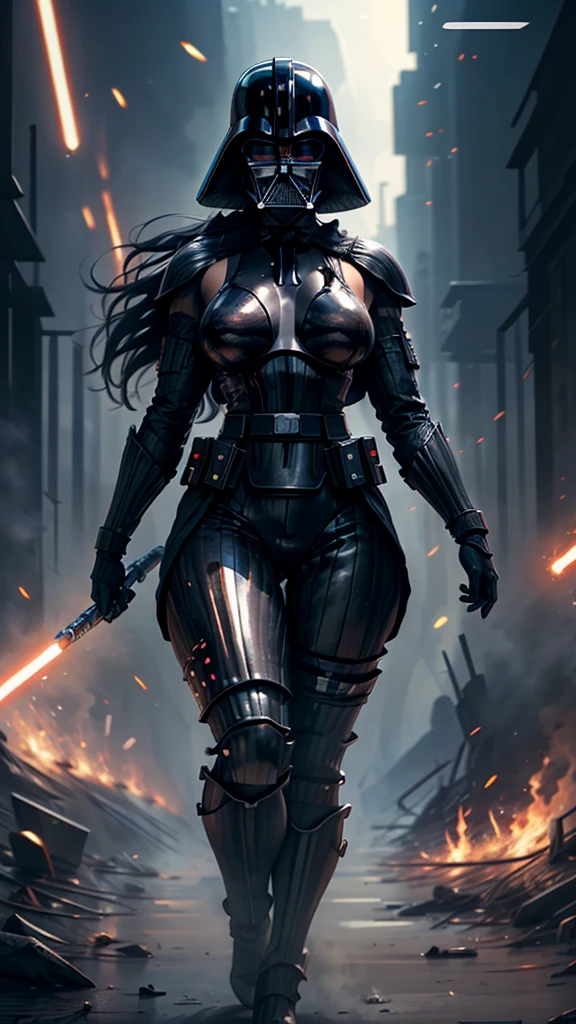 Realista 1.2, Pose sensual, NUDE MILF. athletic body, cintura fina, breasts big, female dark trooper. StarWars. Samurai. Bikini armour. helmet. mask. thick thighs, High detail, high qualiy, best qualityer, 1080P, 16K, realisitic, 8k, 4d cinema, Extremely detailed Artgerm, [ digital art 4k ]