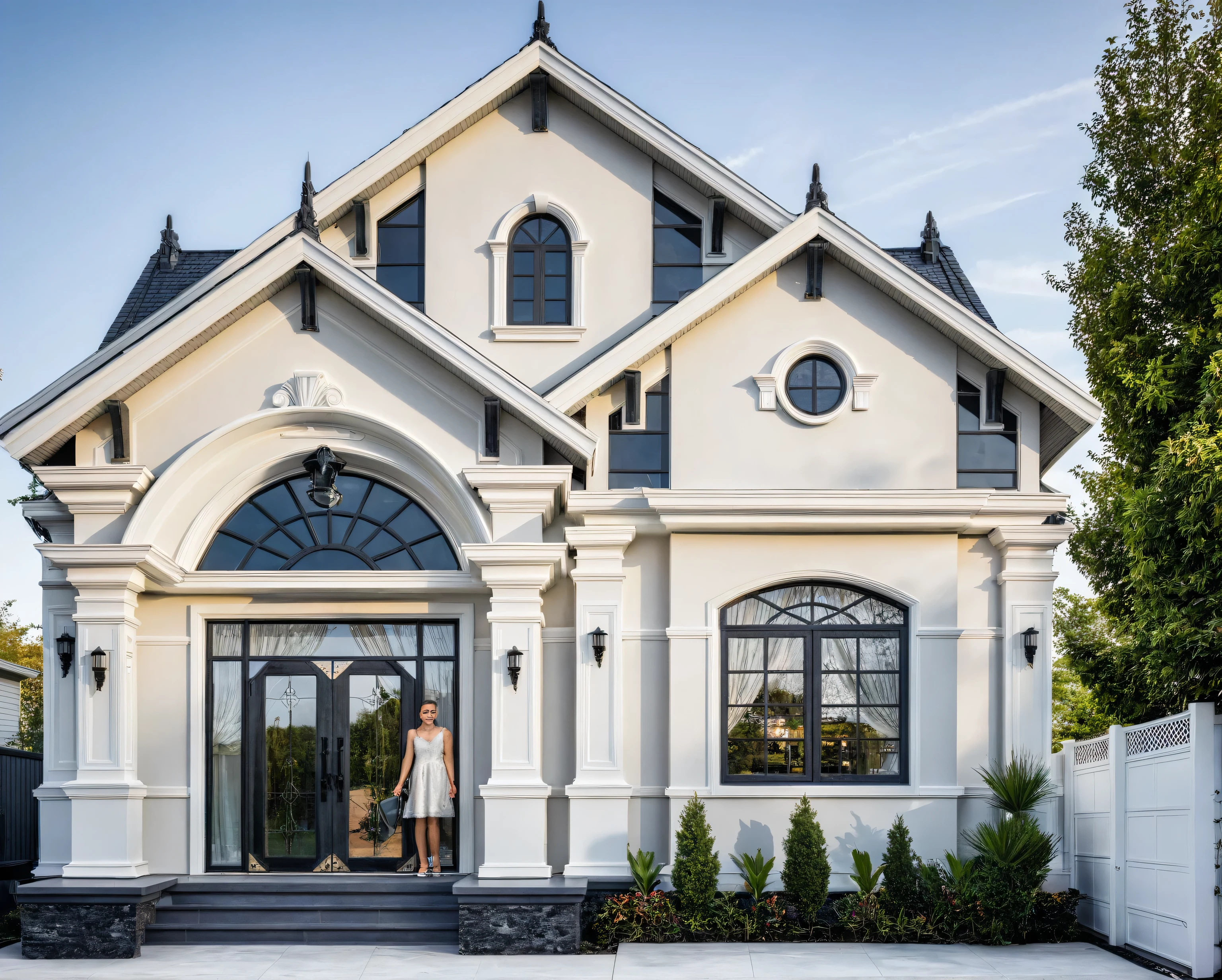 (masterpiece:1.2), best quality, photo of A two-story modern house with white walls and dark gray tiles on the roof., tree and plant, streetcapes, natural light, The exterior of an elegant single family home features large windows, a dark gray door frame.