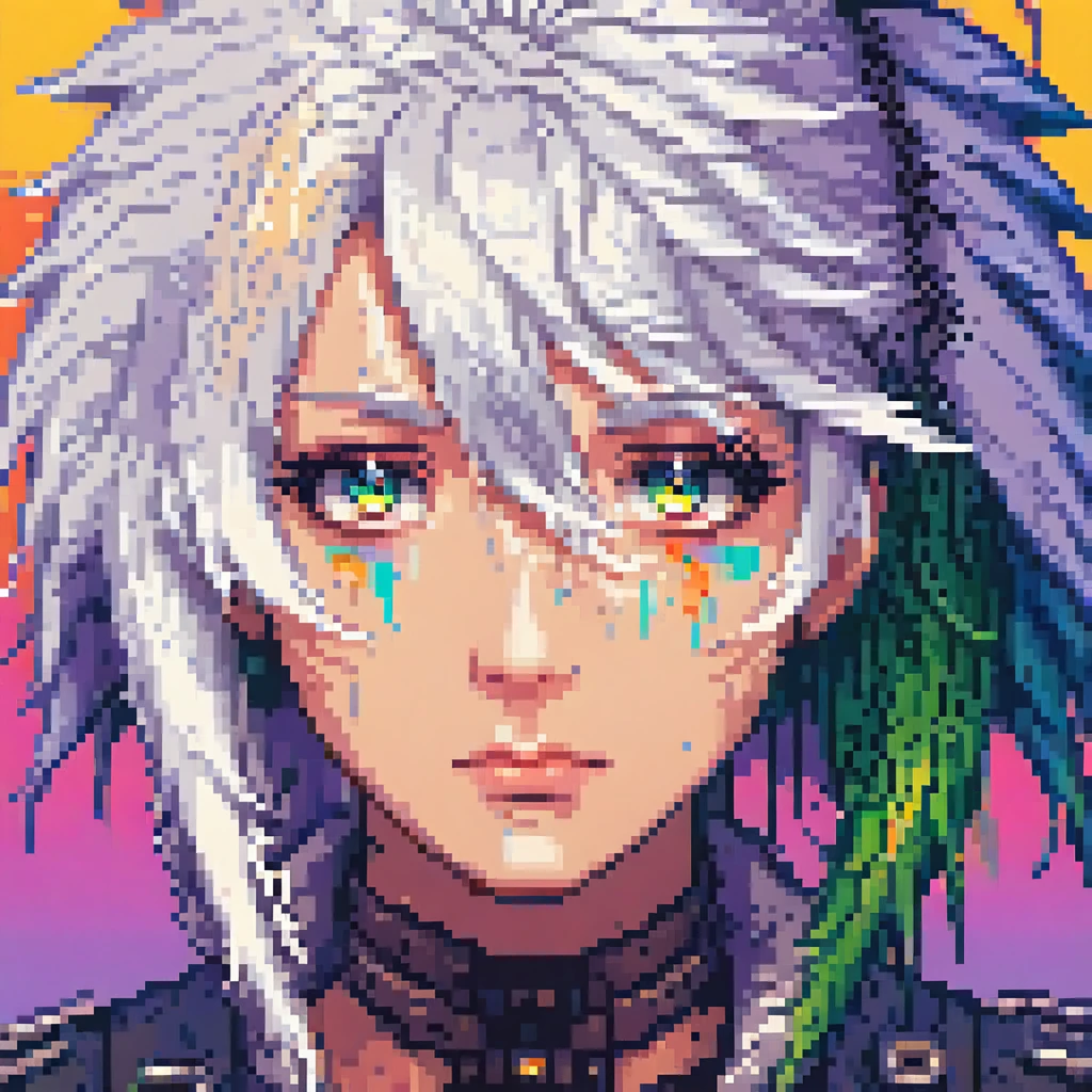 A detailed androgenous anime face done in cyberpunk final fantasy style, sad rainbow eyes and white hair, done in high resolution pixel art