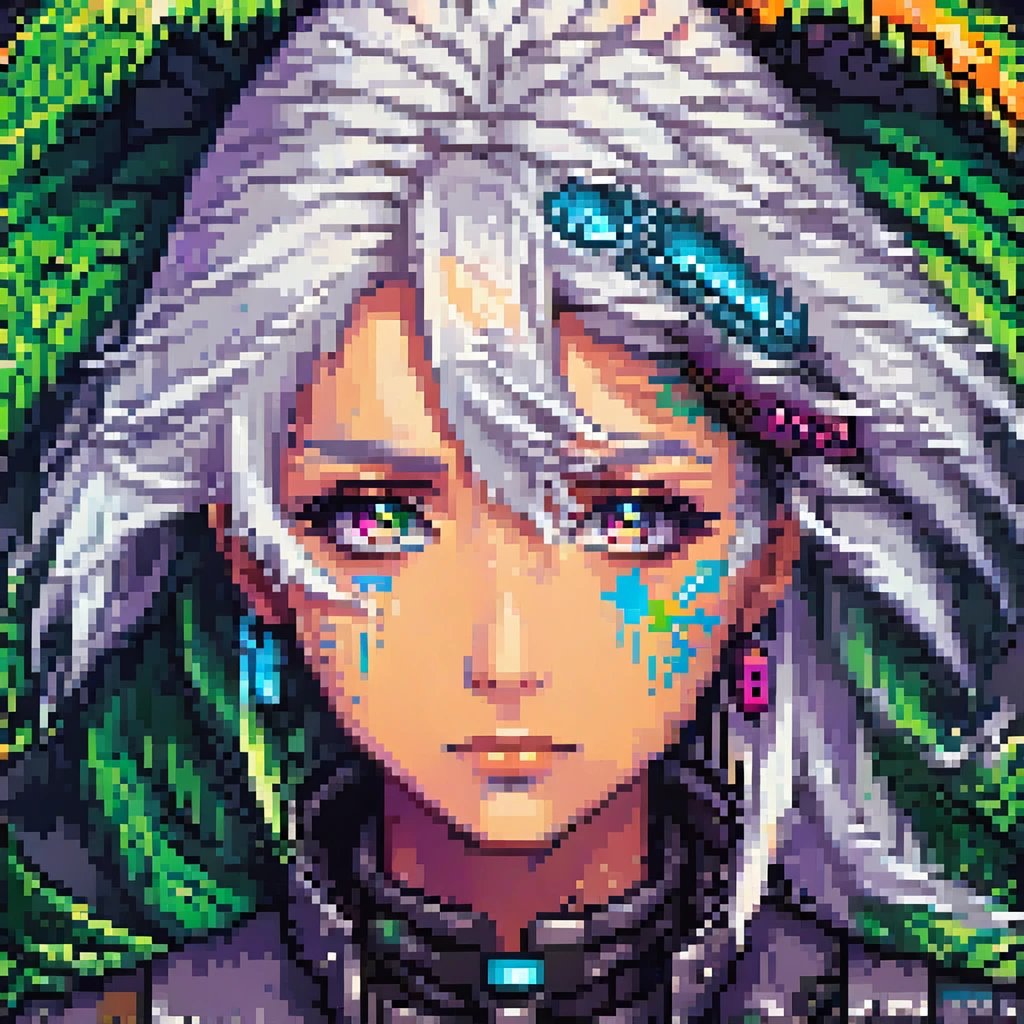 A detailed androgenous anime face done in cyberpunk dragon warrior style, sad rainbow eyes and white hair, done in high resolution pixel art