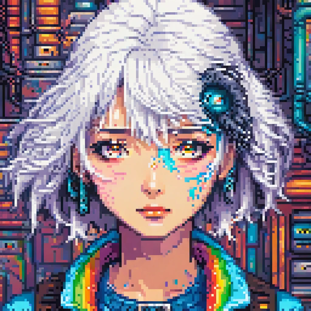 A detailed androgenous anime face done in cyberpunk shintaro kago style, sad rainbow eyes and white hair, done in high resolution pixel art