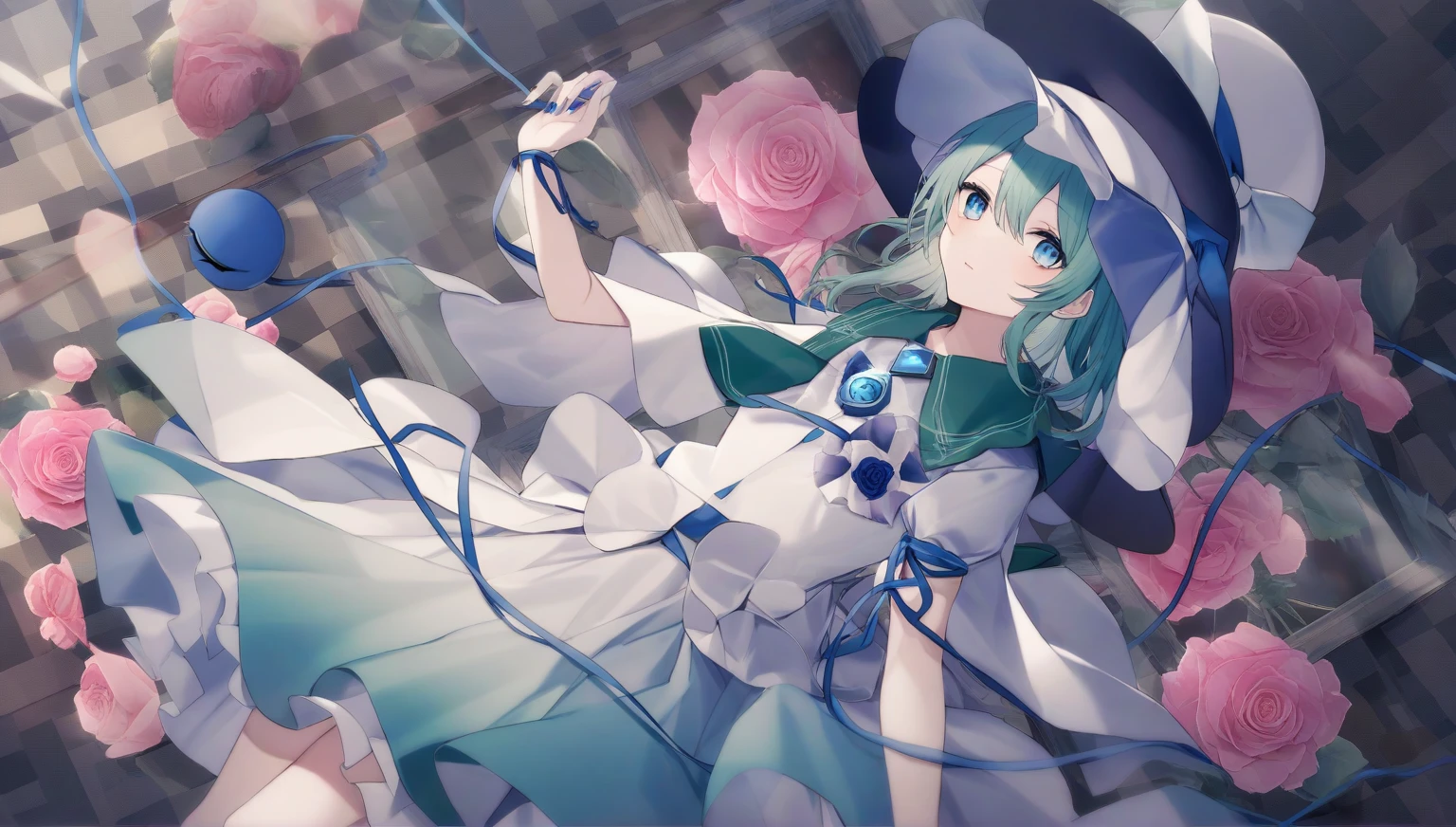 Koishi Komeiji　 blue eyes 　 White clothes　blue third eye　 white hat with a blue ribbon　The skirt is blue and thin with a picture of a rose 　Blue collar　