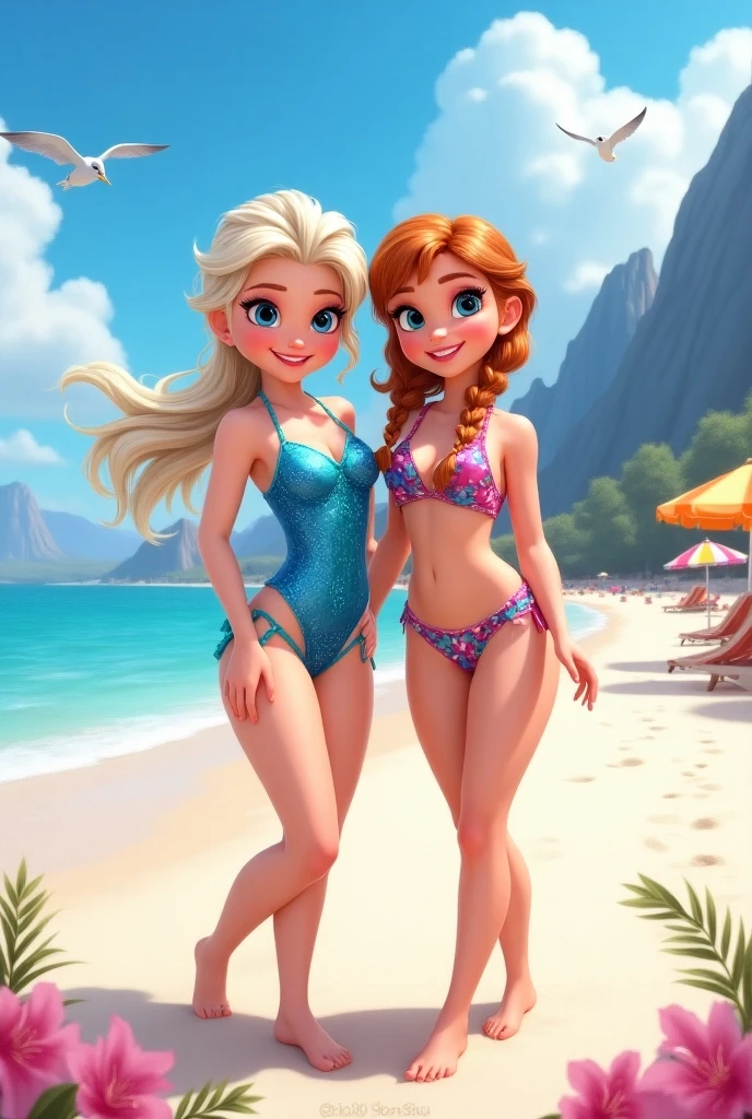 2girl, long blonde hair, blue eyes, pink bikini, sit on the beach, big breasts, sisters, twins, ((best quality)), ((masterpiece)), (detailed), perfect face