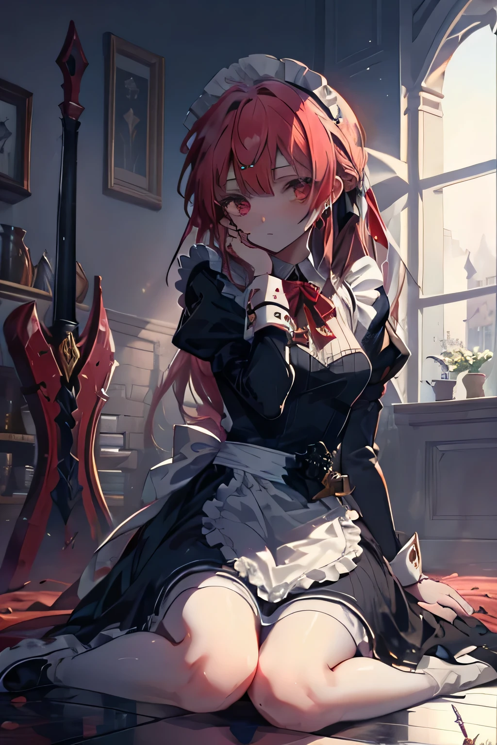  beautiful maid sitting on the floor and hurt picking up her sword,  annoying but pretty face , unknown background 