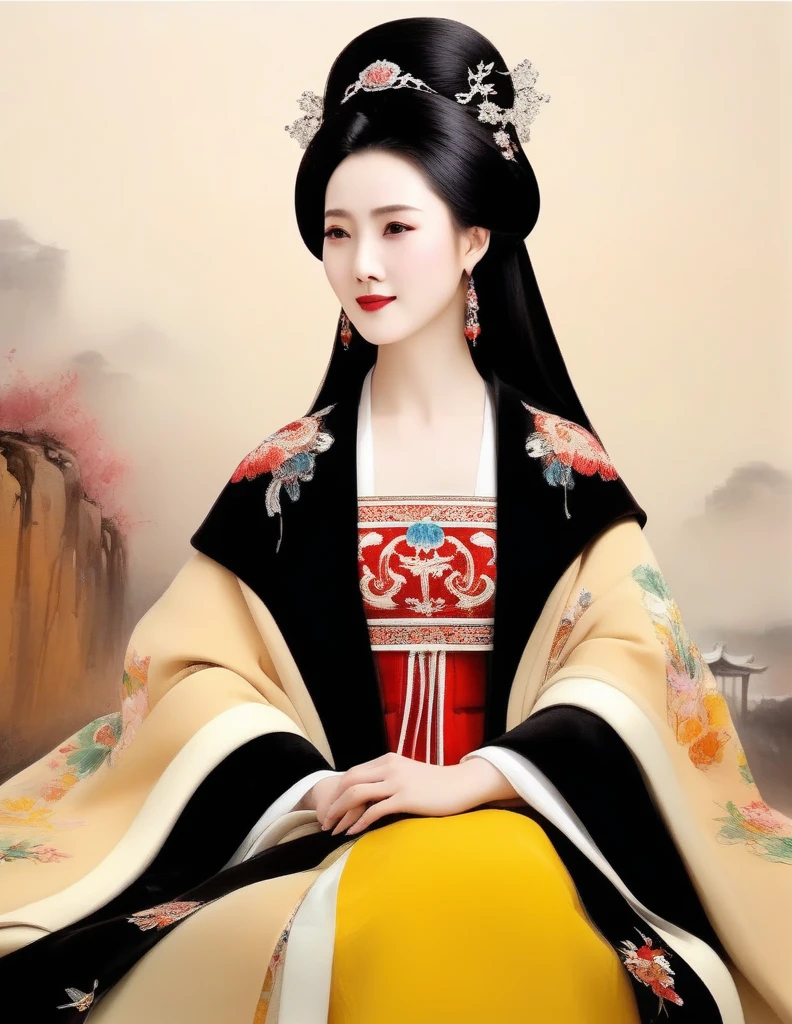 Wu Guanzhong，Beauty Queen Zhaojun of Han Dynasty, China，portrait，winter hooded cloak，ermine，Chinese lute，