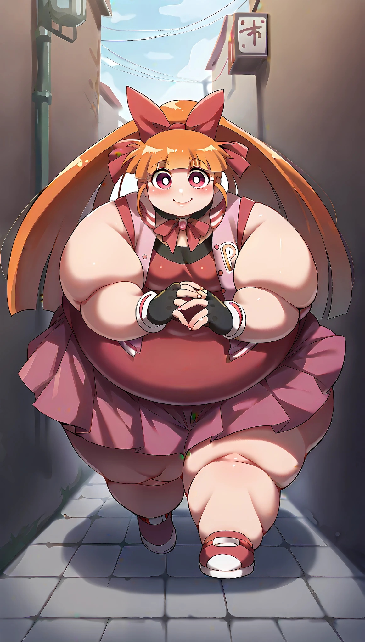 akazutsumi_momoko, orange hair, pink vest, pink skirt, looking at viewer, black fingerless gloves, young, looking at viewer, smile, cartoon, sidewalk, alley, ribbon, long hair, fat, chubby, obese, gigantic arms and legs 