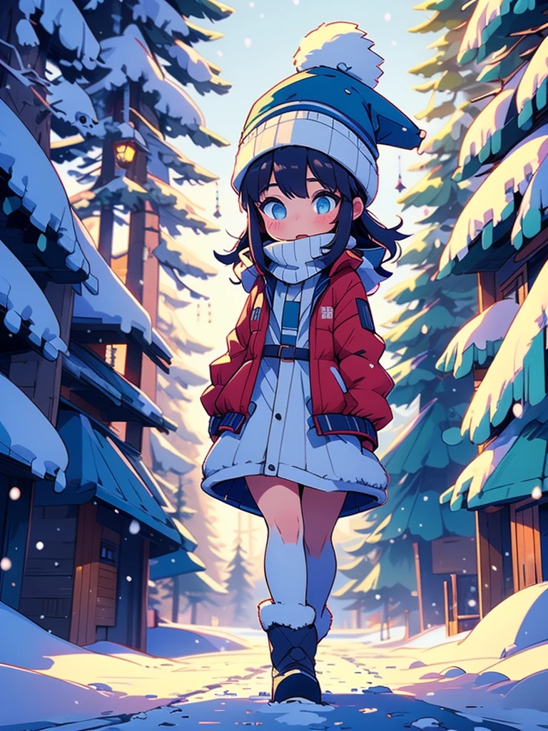 Score_9, Score_8, Score_7, (1girl), walking down a snowy path during the winter season, (A women wearing nothing but a open jacket and snow cap walking about ina snowy winter wonderland with pine trees in the background), heavy jacket, looking at camera, (random poses)