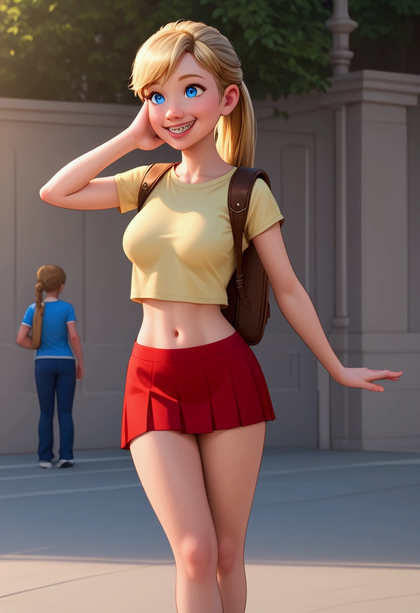 A stunning, intricate full-color portrait in Ultra-HD, detailed face, long hair tied up and making a blonde ponytail, blue eyes, Wearing transparent yellow short school shirt, that I will be able to see his navel, sharp focus, natural lighting, Subsoil Dispersion, F2, 35mm, will be standing, posing sensually, very sexy, with fat legs and wide hips, very small waist, will be found in the city, smiling and with braces, very giant breasts, She will be wearing a small white micro wide school skirt and her red underwear will be visible., He will have a brown leather backpack hanging on his back and will be waving towards the spectators very happily.