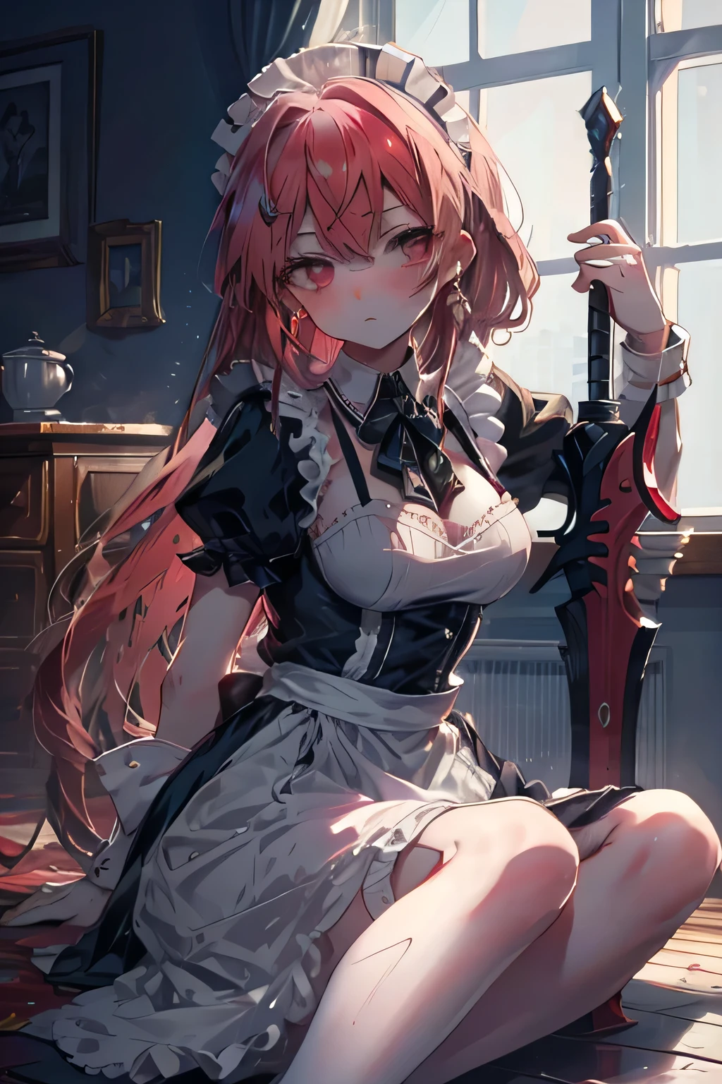  beautiful maid sitting on the floor and hurt picking up her sword,  annoying but pretty face , unknown background 