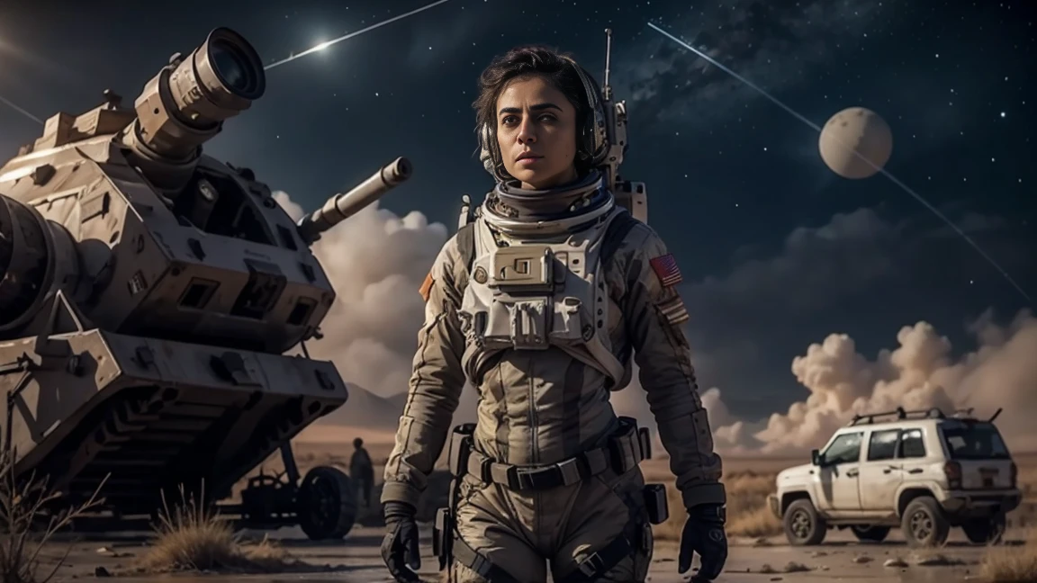 Masterpiece, Maryam Mirzakhani, post apocalyptic landscape in swampland, Iranian solitary female astronaut, Iranians flag in arm, dusty radio dish antenna, Electric Purple, utility belt, Metallic Gray Zinc, photorealistic, 16k, HDR, the best quality, body-tight suit, intricate, the most fantastic details, cinematic composition, dramatic lighting, full body, celestial bodies in the sky, dead trees, dry bushes, realistic reflections, sunset, a military compound, to scale, , sad, dynamic posture, astronaut laser gun, Iranian flag in background.
